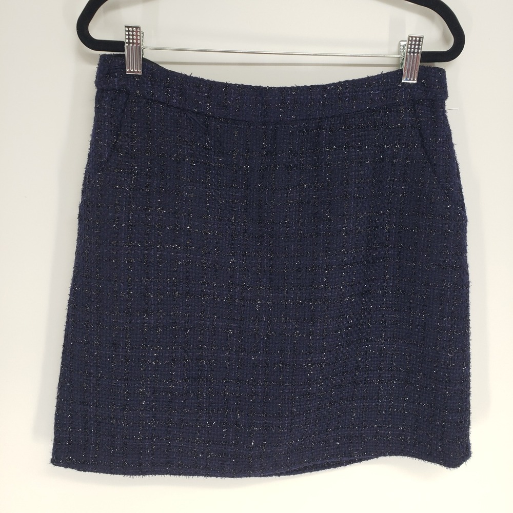 Cynthia Rowley Metallic Tweed Mini Skirt Sz 10 Navy Blue Sparkle Festive Preppy